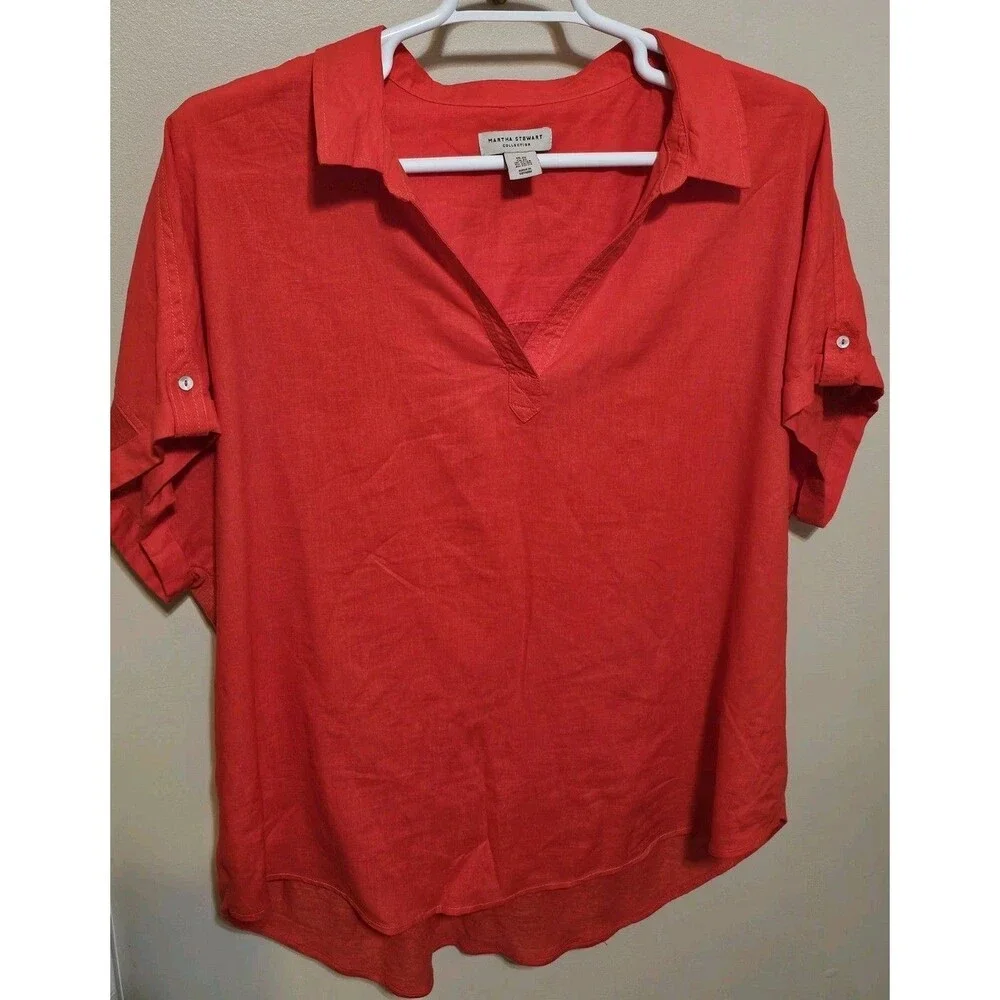 Martha Stewart Collection Linen Blend Short Sleeve Womens Blouse Coral Red  2X